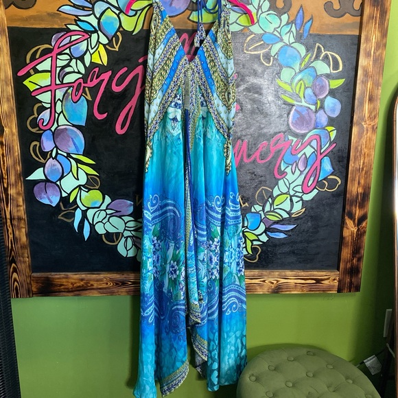 Dresses & Skirts - Blue and green silky halter maxi dress with rhinestone details one size NWT